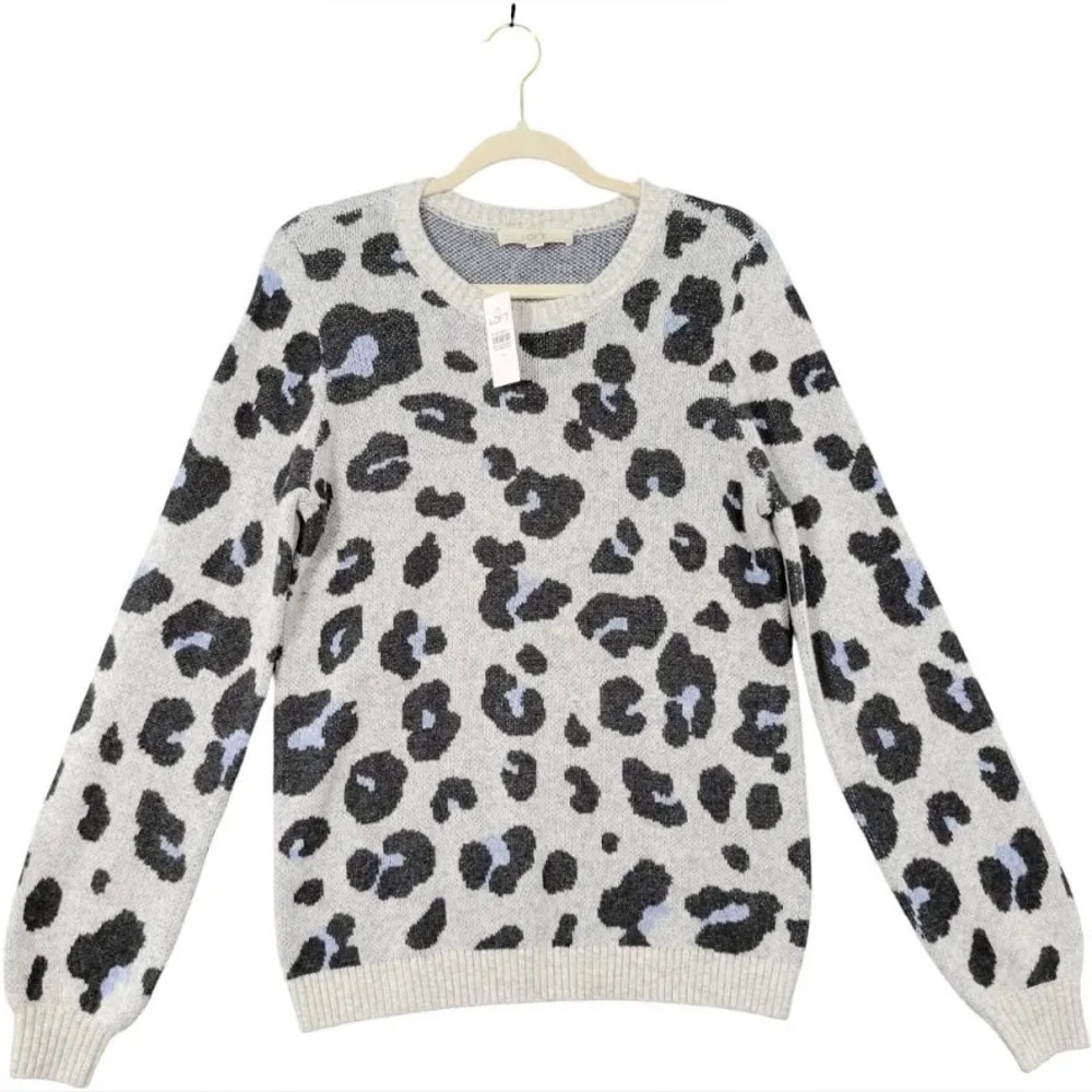 Jacquard Preppy Career Leopard Print Soft Wool Blend Crewneck Pullover Sweater S